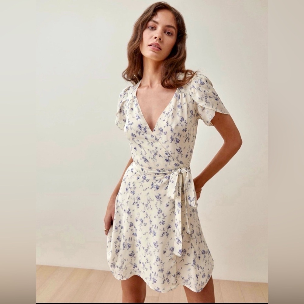 Floral Wrap Mini Dress in Cream with Blue Print